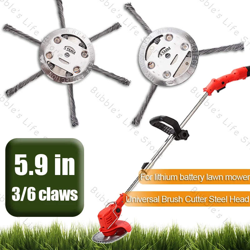 6Inch Steel Wire Wheel Head Upgraded Grass Trimmer Head Universal Weed Brush Removal Moss Rust for Battery Mower 3/6 Claws